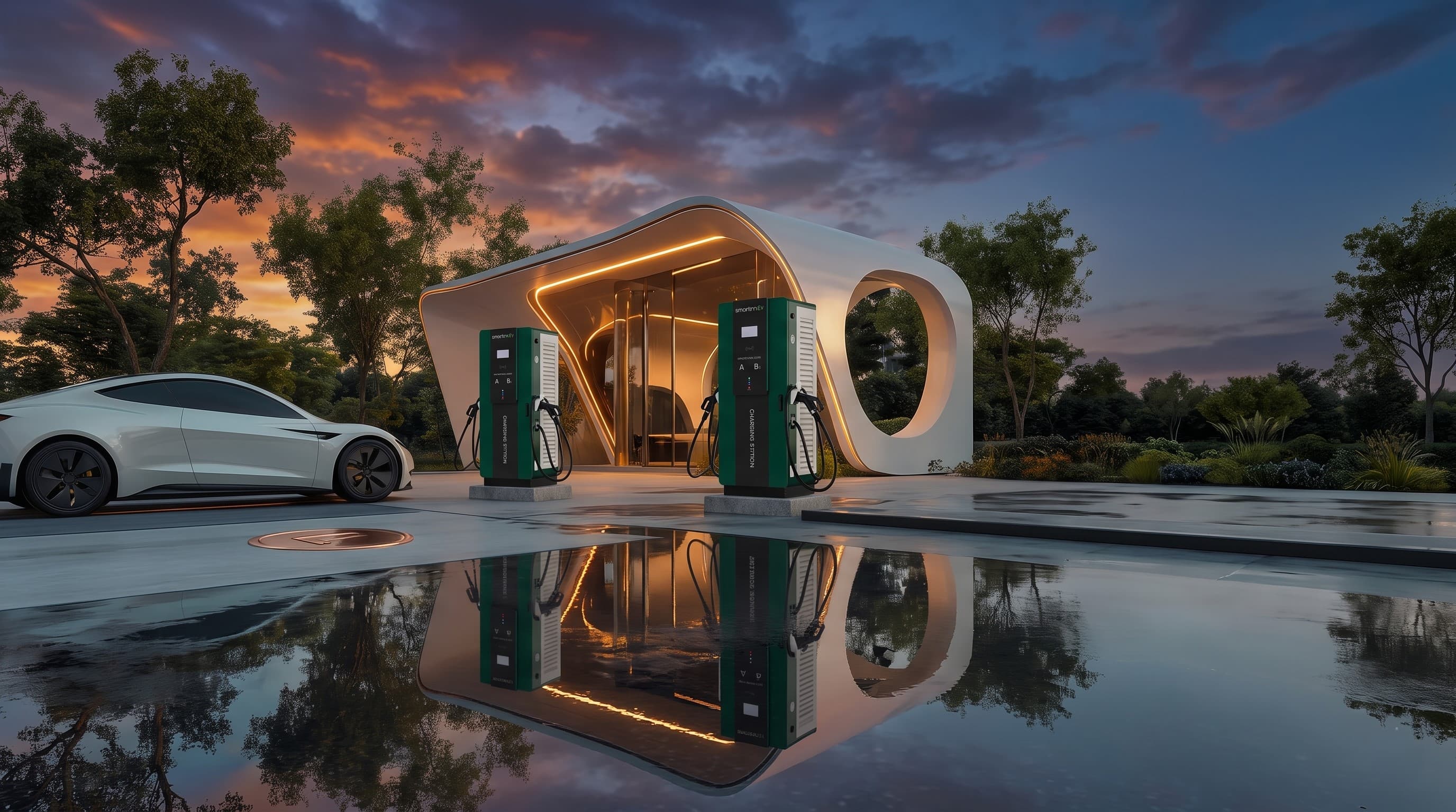 Aerial view of Supercharger station with mountain backdrop